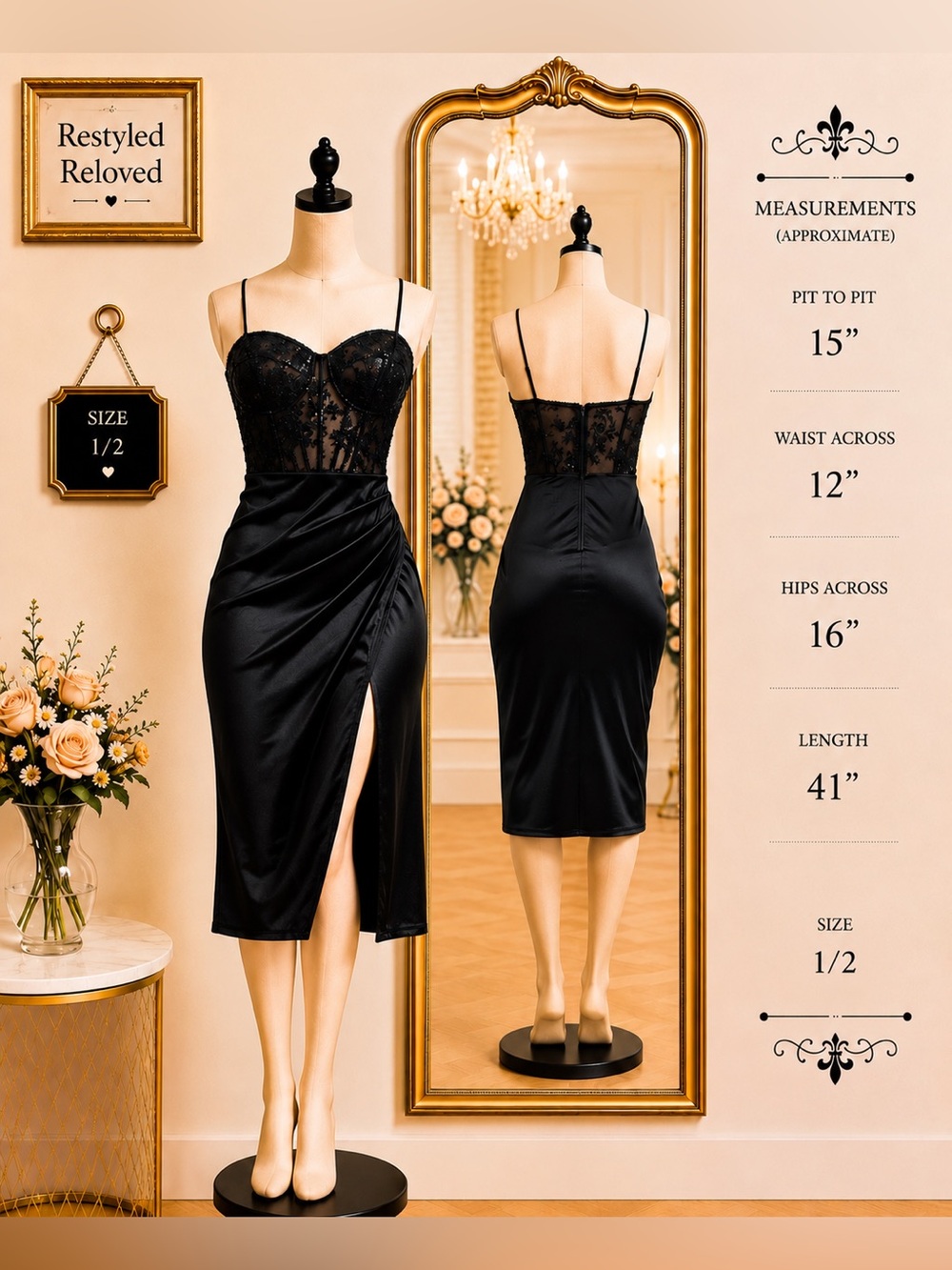 B. Darlin Sequin Embroidered Mesh Corset Bodice Faux Wrap Satin Midi Dress Black